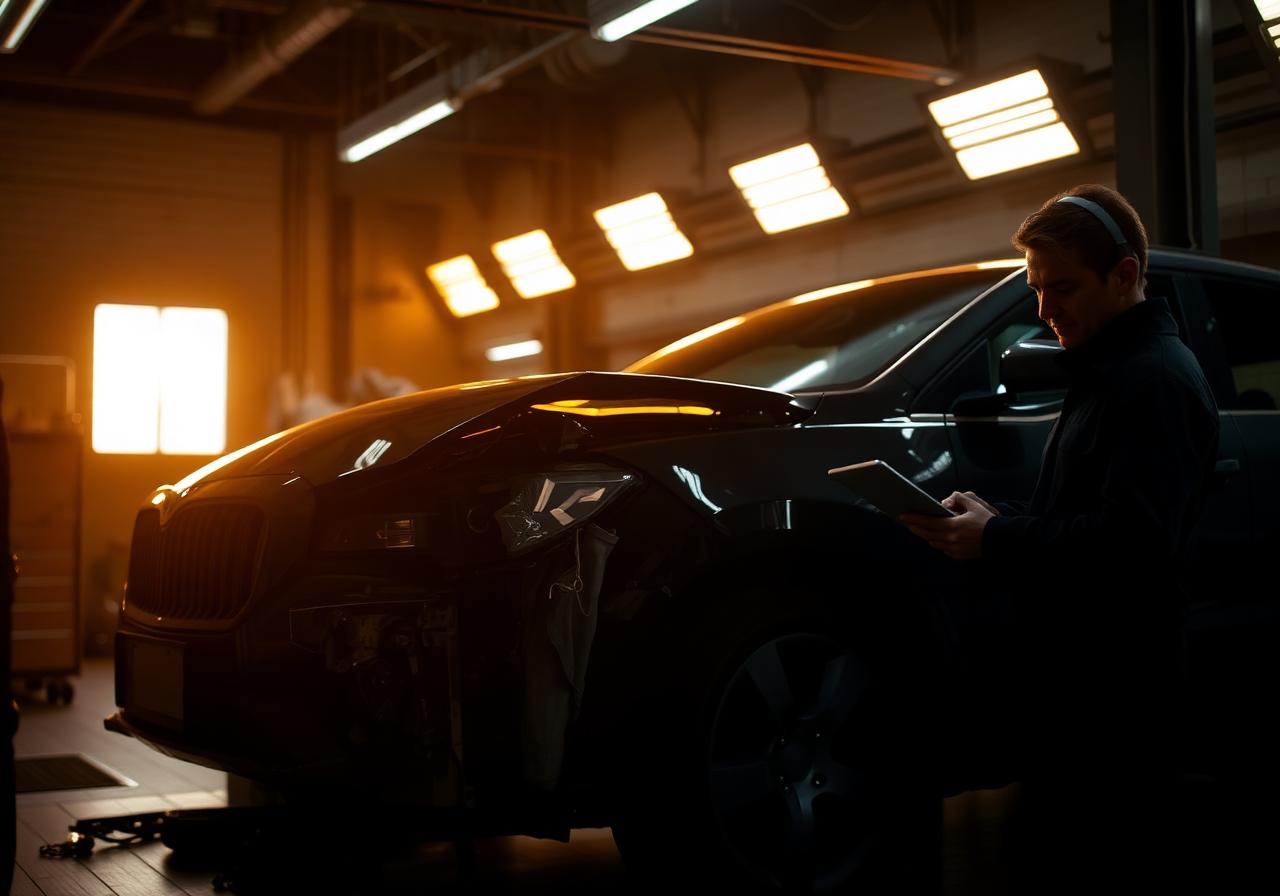 Mechanic inspecting accident damage in a body shop